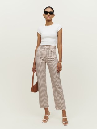REFORMATION Cowboy Striped High Rise Straight Jeans in Pinyon Stripe ~ women’s chic summer ankle length denim trousers