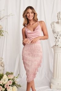 lavish alice cowl neck cross back fringe dress in pink ~ luxe fringed party dresses