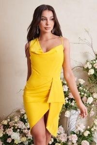 lavish alice cowl neck midi wrap dress in yellow – drape detail occasion dresses – asymmetric evening fashion – party glamour
