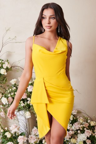 lavish alice cowl neck midi wrap dress in yellow – drape detail occasion dresses – asymmetric evening fashion – party glamour - flipped