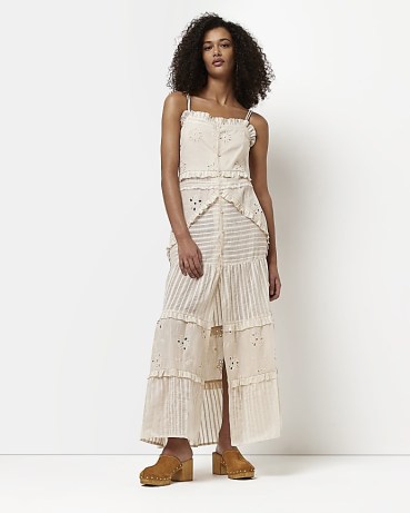 RIVER ISLAND CREAM BRODERIE MAXI DRESS / strappy floral cut out summer dresses / feminine cotton fashion - flipped