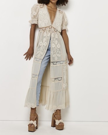 RIVER ISLAND CREAM EMBROIDERED LONGLINE SHIRT / puff sleeved bohemian inspired maxi shirts / floral long length boho style tops / feminine and floaty fashion / vintage style cothes - flipped