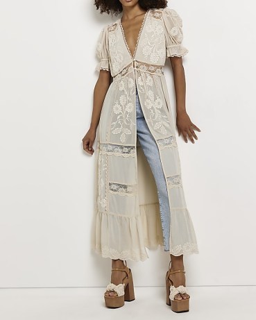 RIVER ISLAND CREAM EMBROIDERED LONGLINE SHIRT / puff sleeved bohemian inspired maxi shirts / floral long length boho style tops / feminine and floaty fashion / vintage style cothes