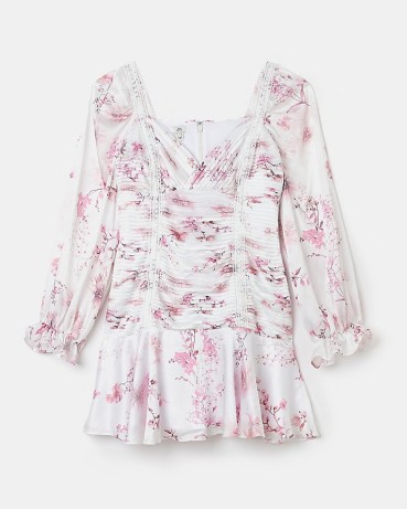 RIVER ISLAND CREAM FLORAL BODYCON MINI DRESS / tiered hem party dresses - flipped