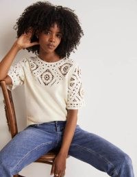 Boden Crochet Detail Knitted T-shirt / women’s ivory cotton open knit detail top