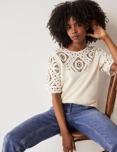 Boden Crochet Detail Knitted T-shirt / women’s ivory cotton open knit detail top - flipped