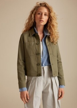 ME and EM Cropped Jacket Khaki – women’s dark green crop hem cotton twill jackets - flipped