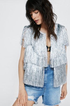 NASTY GAL Cropped Sleeveless Tinsel Jacket – silver fringed jackets – festival fashion – 70s inspired metallic clothes – womens 1970s style glam rock clothing - flipped