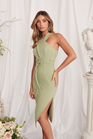 lavish alice cross neck sheer corset midi dress in sage ~ green fitted tie waist detail party dresses ~ glamorous date night clothes