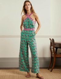 Boden Cross Over Linen Jumpsuit Green Lagoon Oriental Meadow / floral sleeveless cross front jumpsuits / feminine summer clothes