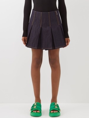 BOTTEGA VENETA Creased-denim pleated mini skirt | indigo blue box pleat skirts - flipped