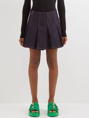 BOTTEGA VENETA Creased-denim pleated mini skirt | indigo blue box pleat skirts