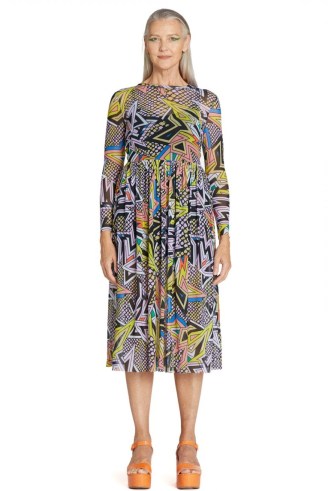 gorman DIAMOND MESH DRESS – abstract and net print long sleeved midi dresses - flipped
