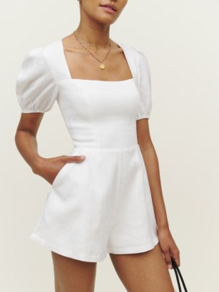 Reformation Dionne Linen Romper in White | women’s puff sleeved square neck rompers | womens chic summer playsuits - flipped