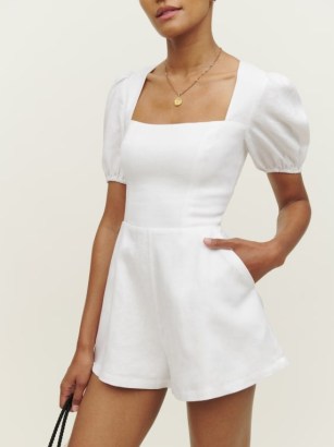 Reformation Dionne Linen Romper in White | women’s puff sleeved square neck rompers | womens chic summer playsuits