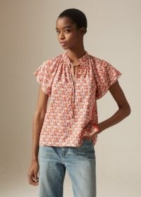 ME and EM Ditsy Floral Volant Top in Soft White/Black/Red / feminine frill neck tops / angel sleeve summer blouse