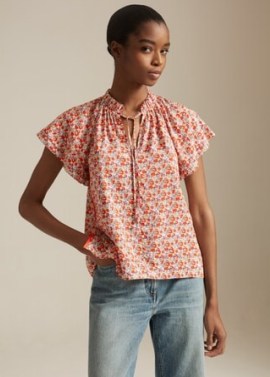 ME and EM Ditsy Floral Volant Top in Soft White/Black/Red / feminine frill neck tops / angel sleeve summer blouse - flipped