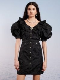 sister jane Tide Jewel Mini Dress in Sable Black – romantic ruffled puff sleeved dresses