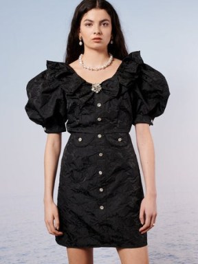 sister jane Tide Jewel Mini Dress in Sable Black – romantic ruffled puff sleeved dresses - flipped