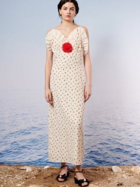 sister jane Reef Rose Cami Dress in Talc White – vintage style ruffle trim slip dress – romantic floral print maxi dresses - flipped