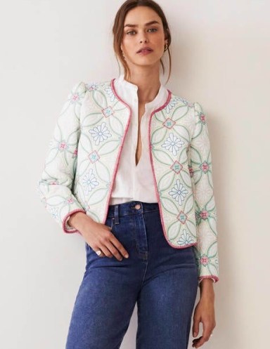 Boden Embroidered Quilted Jacket Ivory Multi Quilting / women’s floral boxy shaped open front jackets - flipped