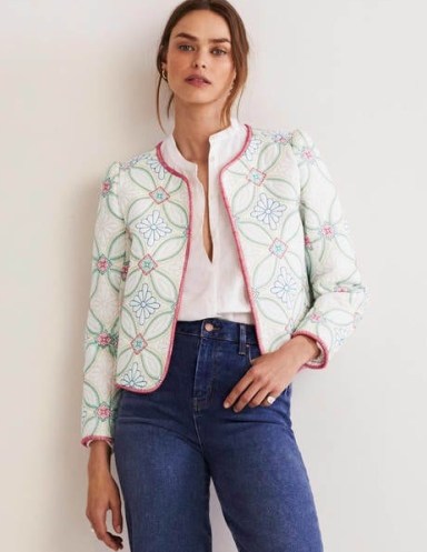 Boden Embroidered Quilted Jacket Ivory Multi Quilting / women’s floral boxy shaped open front jackets