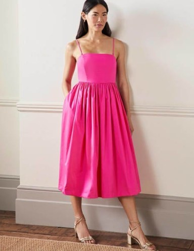Boden Emily Strapless Midi Dress Pink / vibrant spaghetti strap fit and flare dresses / cotton summer fashion - flipped