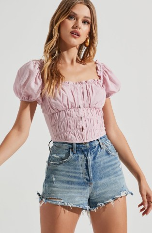 ASTR THE LABEL EMPRESS RUCHED HOOK AND EYE PUFF SLEEVE TOP PINK ~ smocked ruffle trim tops - flipped