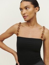 REFORMATION Ezrana Knit Tank Black ~ effortless evening glamour ~ chic chain link shoulder strap tops ~ women’s glamorous tanks