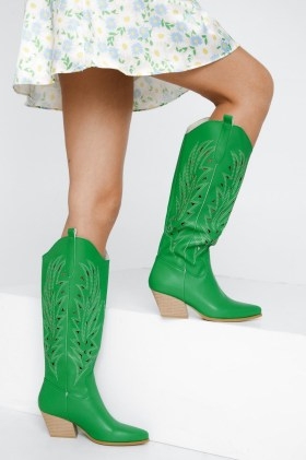 NASTY GAL Faux Leather Cut Out Western Boots Green ~ on-trend cowboy boots