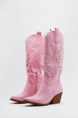 NASTY GAL Faux Suede Lazer Cut Western Boots Pink ~ bubblegum coloured cowboy boots - flipped