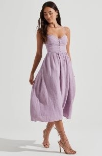 ASTR THE LABEL FERREIRA SWEETHEART MIDI DRESS LAVENDER ~ skinny shoulder strap fitted bodice dresses ~ cupped bust detail ~ ~ women’s linen summer fashion