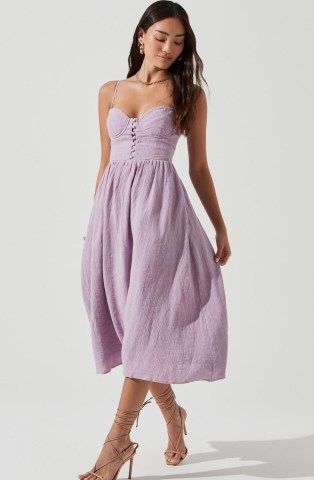 ASTR THE LABEL FERREIRA SWEETHEART MIDI DRESS LAVENDER ~ skinny shoulder strap fitted bodice dresses ~ cupped bust detail ~ ~ women’s linen summer fashion - flipped
