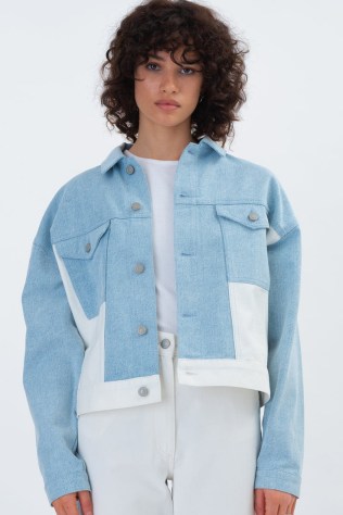 ALIGNE FERUZA DENIM JACKET in Light Blue / White | women’s organic cotton jackets | casual colour block clothes - flipped