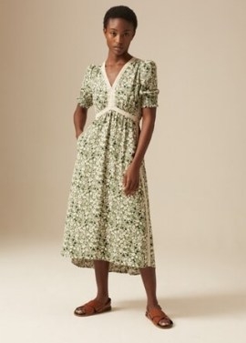 me and em Flower Silhouette Midi Tea Dress – feminine khaki-green flower print dresses - flipped