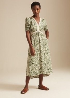 me and em Flower Silhouette Midi Tea Dress – feminine khaki-green flower print dresses