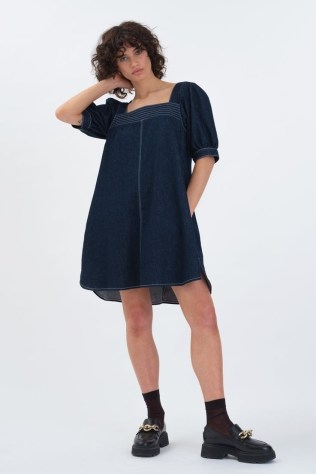 ALIGNE FRANCOISE SQUARE NECK SHIFT DRESS DARK INDIGO | women’s organic cotton denim mini dresses - flipped