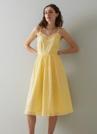 L.K. BENNETT Francoise Yellow Cotton Broderie Anglaise Sun Dress / delicate floral summer dresses / cami tie shoulder strap clothes / feminine strappy sundress