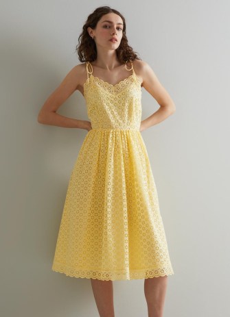 L.K. BENNETT Francoise Yellow Cotton Broderie Anglaise Sun Dress / delicate floral summer dresses / cami tie shoulder strap clothes / feminine strappy sundress - flipped