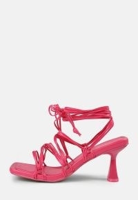 MISSGUIDED fuchsia square toe strappy tie up heeled sandals ~ ankle wrap sculptural heels