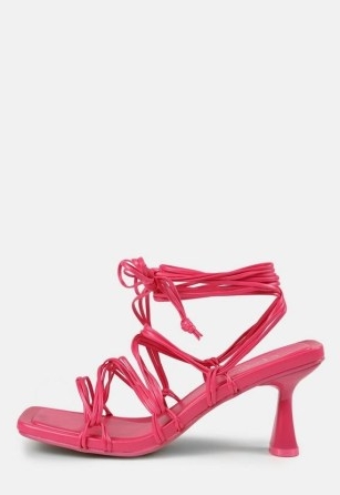 MISSGUIDED fuchsia square toe strappy tie up heeled sandals ~ ankle wrap sculptural heels
