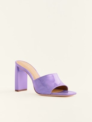 Reformation Georgi Block Heel Sandal in Wisteria Cloudy Patent / high shine purple square toe sandals / shiny leather mules - flipped