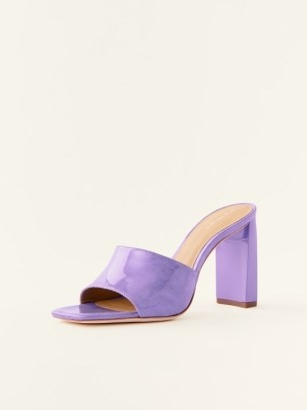 Reformation Georgi Block Heel Sandal in Wisteria Cloudy Patent / high shine purple square toe sandals / shiny leather mules