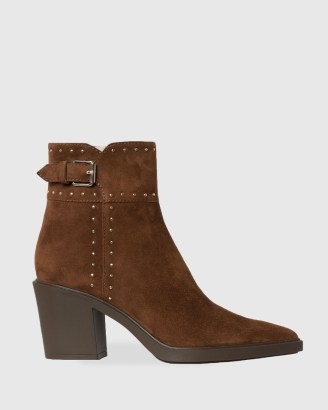 PAIGE Giselle Boot Cocoa Suede ~ women’s brown studded western style block heel ankle boots - flipped