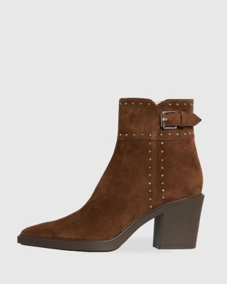 PAIGE Giselle Boot Cocoa Suede ~ women’s brown studded western style block heel ankle boots