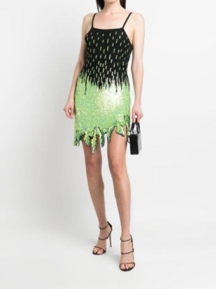 Giuseppe Di Morabito embellished asymmetric dress / black and green sequinned spaghetti strap evening dresses / glamorous party fashion / occasion clothes with asymmetrical hemline - flipped