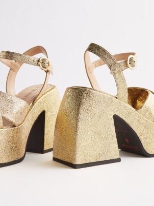 NODALETO Bulla Joni 105 metallic sandals / chunky gold retro shoes / vintage inspired evening platforms / cross front block heel platform shoes