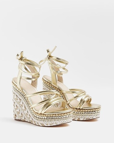 River Island GOLD WIDE FIT STRAPPY WEDGES – metallic ankle tie wedged sandals - flipped