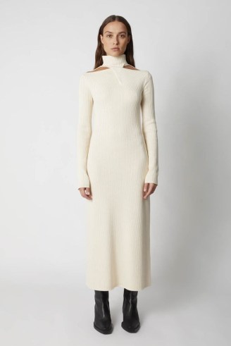 CAMILLA AND MARC C&M Gray Rib Knit Dress in Cream – chic long sleeve high neck cut out detail dresses - flipped
