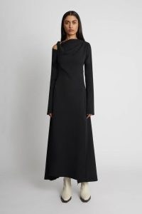 CAMILLA AND MARC C&M Grayson Dress in Black – long sleeve cutout twist shoulder detail dresses – contemporary cut out clothes – minimalist design fashion